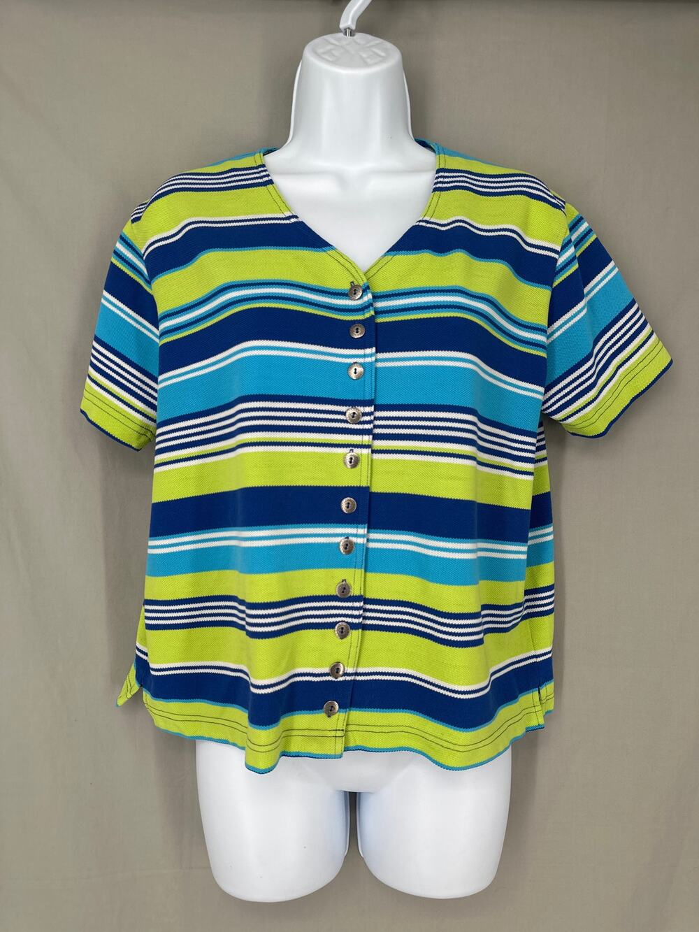 90s Vintage Top Women Medium Green Blue Stripe Silver Buttons Aztec Western Boho